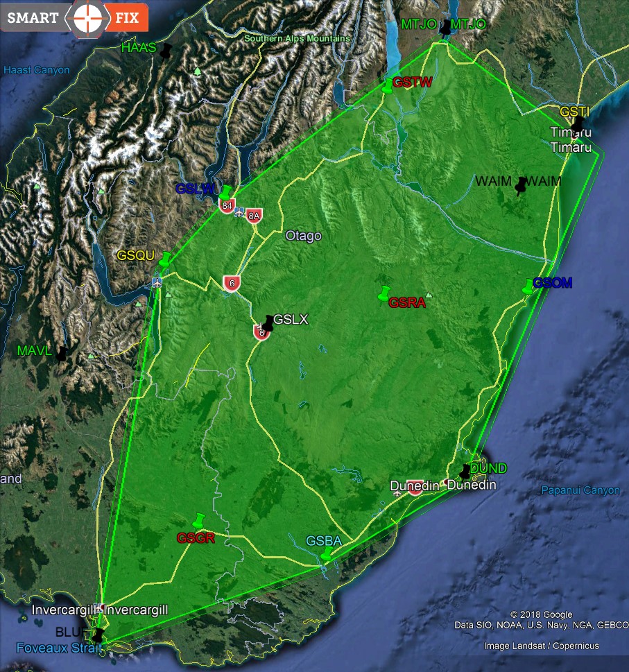 GPS Glonass Fixed Cells - Otago Christchurch Region - Map